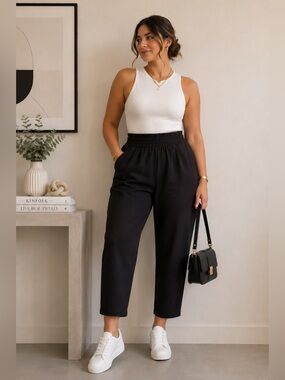 A New Day Black Pull On Pants High Rise Comfy Casual Office Size S